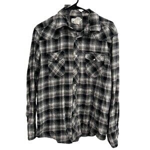 Wrangler Plaid Flannel Shirt Black White Long Sleeve Pearl Snap Buttons Sz L